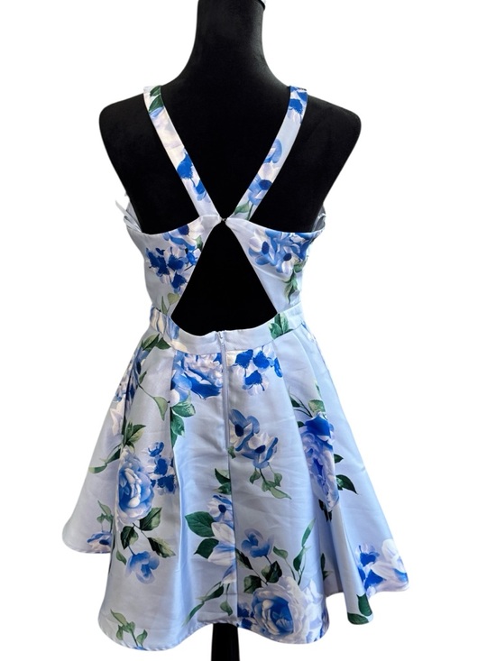 Speechless Blue Floral Satin Fit Flare Dress V Neck Wedding Guest Size 11 - Picture 4 of 10